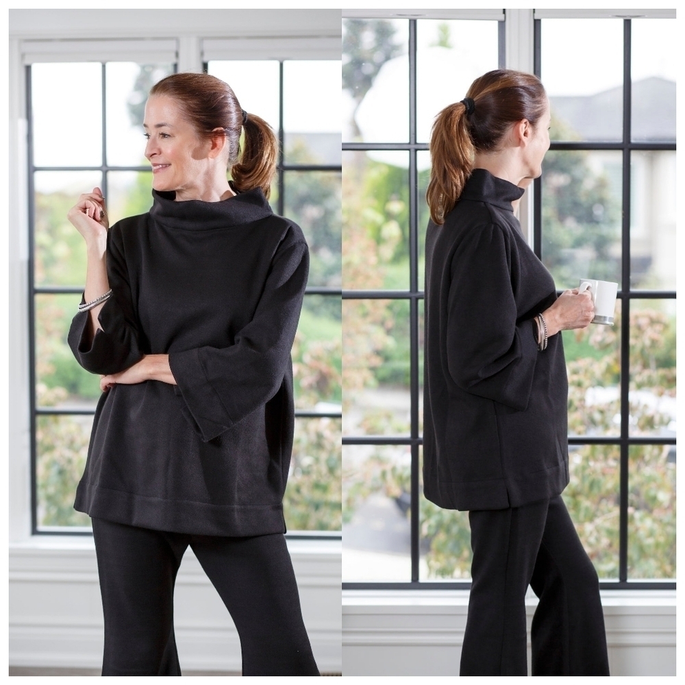 Crown Linen Designs Mock Neck Top Sz Large Black Linen Boxy Minimalist Lagenlook